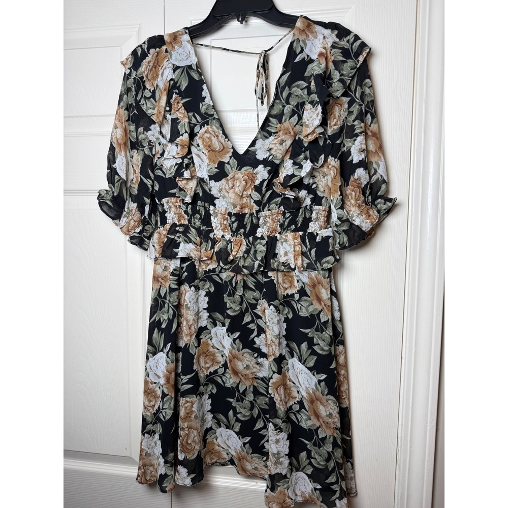 En Saison Floral Chiffon Ruffle Mini Dress Black Smocked Waist V-Neck IEG2179D S